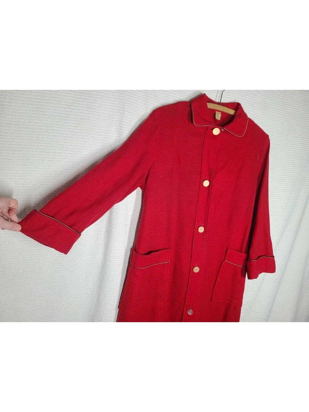 1950s Royal Robe 100% Wool Red Belt Back Satin Piping Housecoat Mens Unisex